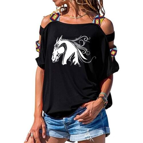 NEW Cute horse head Women tshirt Cotton Casual Funny t shirt Girl Short Sleeve Sexy Hollow Out Shoulder Top Tee