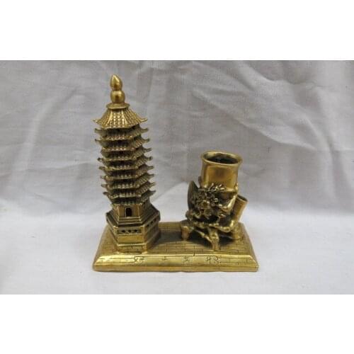 Rare Distinctive Qing Dynasty (1728 - 1786) copper brush pot, literary tower, Free shipping