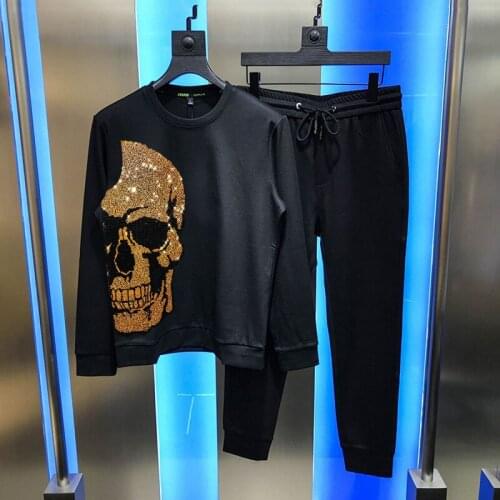 Luxury Winter New England Pullover New Diamond Gold Hip Hop Big Skull Mens Slim Track Suit Casual Sets