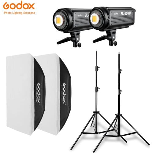 2x Godox SL-100W 100Ws 5600K Studio LED Continuous Photo Video Light + 2x 2.8m Light Stand + 2x 70x100cm Softbox