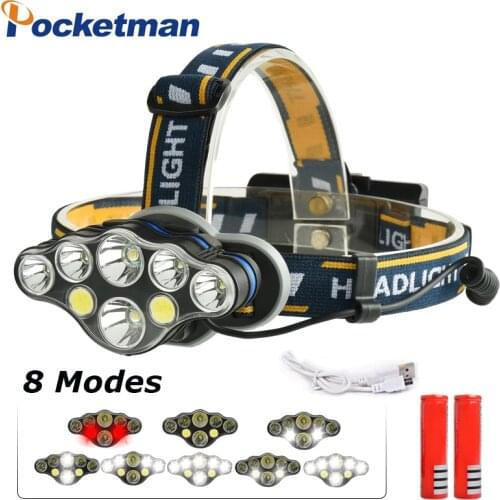 4000lm COB LED Headlight +T6 Headlamp 8-Mode USB Camping Torch 5/6/7/8 LED for 18650 Battery Waterproof Camping Flashlight
