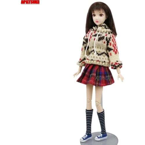 Top Hoodies Sweater Coat & Red Plaid Pleated Skirts Suit for Barbie Doll Outfits Clothes for 1/6 BJD Dolls Accessories DIY