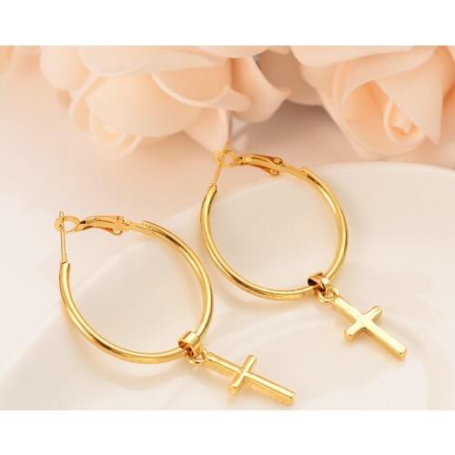 High quality Fashion 24k Gold Filled Womens Drop Earring Dangle Earring Charms Jewelry Cross Earrings brincos Vintage girls