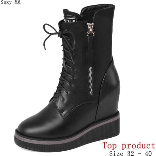 Platform Shoes Women Wedges Mid Calf Boots Height Increasing Wedge Short Boots High Heel Shoes Small Plus Size 32 33 - 40