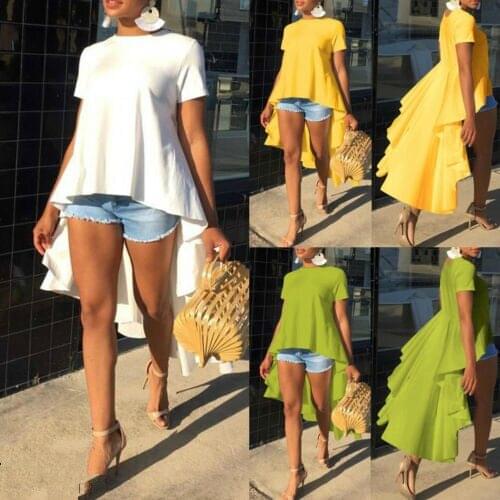 Womens Casual Loose Short Sleeve Tunic Top Long Tail Solid Color Loose Casual High Quality 2019 New Hot T-Shirt Plus Size