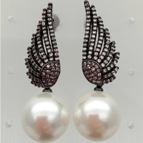 Womens Angel Wings Stud Earrings 14mm White Round Sea Shell Pearl gunmetal color Plated white Cubic Zirconia pave Earrings