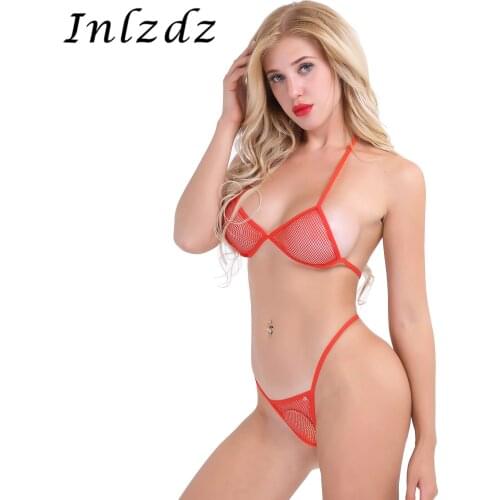 Womens Erotic Bikini Lingerie Set Fishnet Suit See-through Bikini Bra Top with Matching G-string Thong Briefs Sexy Underwear Set