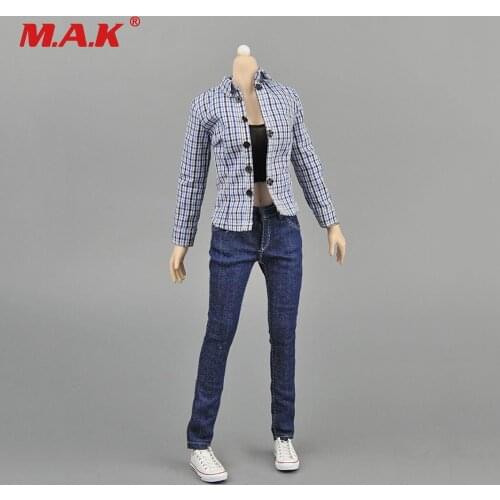 1/6 Scale Female Clothes Suit ZY5012 Womens Blue Plaid Shirt & Jeans & Vest Clothing Sets for 12 inches Action Figure Body