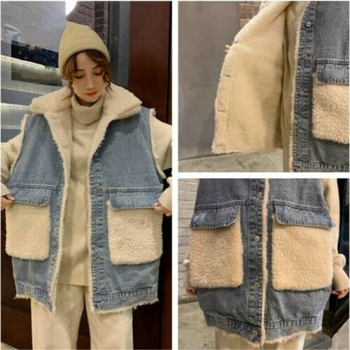 Women Thick Fleece Lined Denim Waistcoat Gilet Vest Jeans Sleeveless Jacket