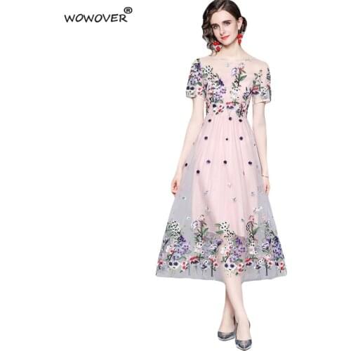 Summer New Short Sleeve Runway Luxury Embroidery Mesh Maxi Evening Party Dress Women Sweet Pink Robe Femme Long Sexy Vestido XXL