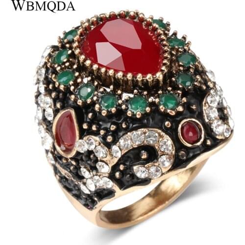 Luxury Bohemian Crystal Ring Ethnic Turkish Jewelry Vintage Black Enamel Antique Gold Big Gothic Rings For Women