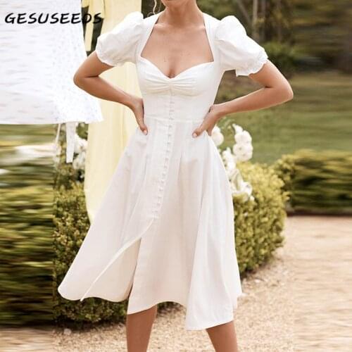 Vintage dress women 2021 summer dresses korean puff sleeve dress white square neck midi dresses solid A line dress holiday