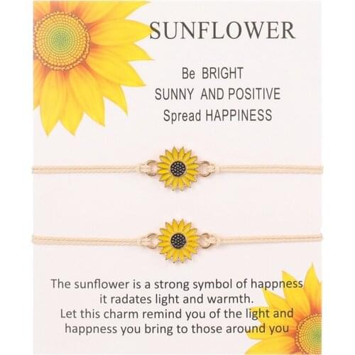 2pcs/set Wish Jewelry Bohemian Cute Enamel Sunflower Charms Braided Bracelet For Women Adjustable Rope Chain