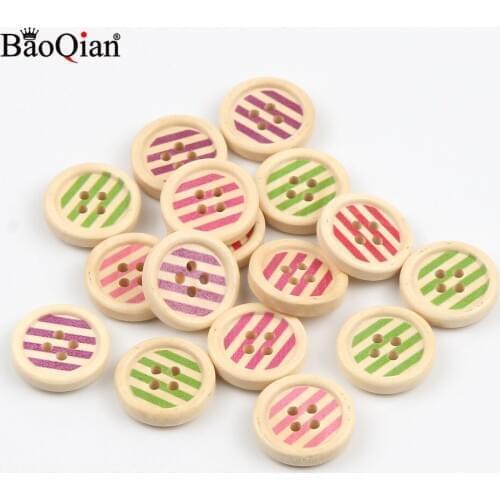 50Pcs 20mm Mixed Stripe Pattern Wooden Buttons 4 Hole Round Sewing Buttons For Clothing Scrapbooking Decoration DIY Needlework