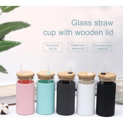 550ML Reuseable Tumbler Glass Water Bottle with Bamboo Lid Portable Summer Water Bottles with Straw For home/car with brush