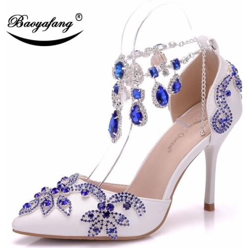 BaoYaFang New Arrival Womens Wedding shoes Royal Blue crystal party shoe female Thin Summer Sandals Pointed Toe ankle strap Belt