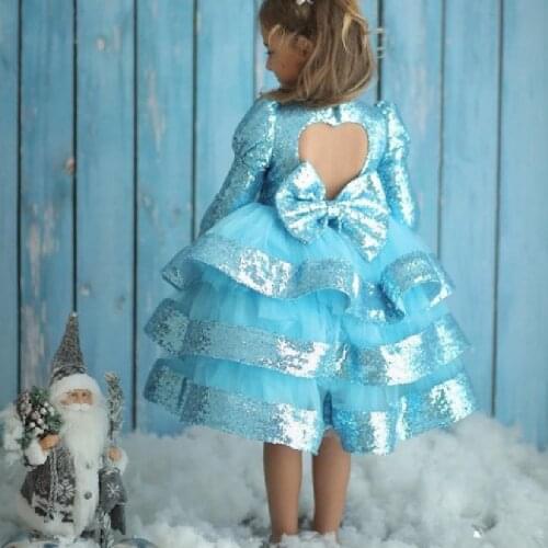 Sparkly Layers Glitter Flower Girl Dresses Kid First Birthday Gowns Long Sleeve Girls Prom Celebration Dresses With Sequin