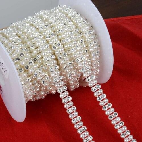 DIY1YD Width 10mm Rhinestone Chain Pearl Crystal Chain Sew on Trims Wedding Dress Costume Applique