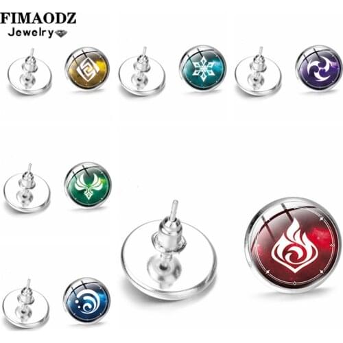 FIMAODZ Genshin Impact Aether Stud Earrings for Women Girl Glass Cabochon Photo Cute Game Silver Earring Fashion Jewelry