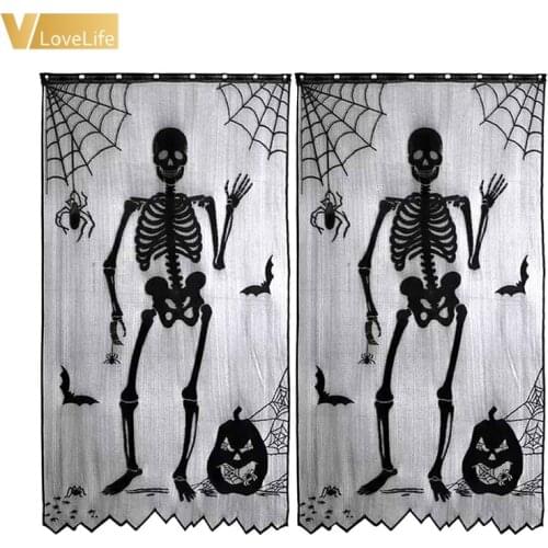 Halloween Curtain Window popular Lace Skull Black Spiderweb Terrorist Curtain Pole Style Polyester Door Decor party supplies