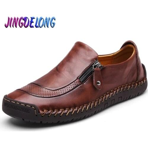Summer Mens Casual Shoes Genuine Leather Breathable Men Flats Moccasins Loafers Zipper Mens Driving Male Shoes Big Size 38-48