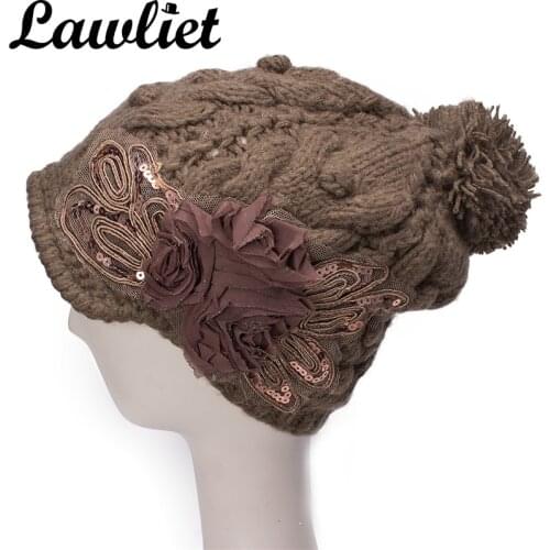 Lawliet Beanies Autumn Winter Newsboy Style Women Girl Pom Pom Hat Elegant Paillette Flower Winter Knitted Cap Lady Bonnet Skull