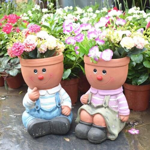 Courtyard Cute Boy Girl Doll Head Flowerpot Resin Sculpture Outdoor Garden Figurines Crafts Balcony Villa Ornaments Decoration