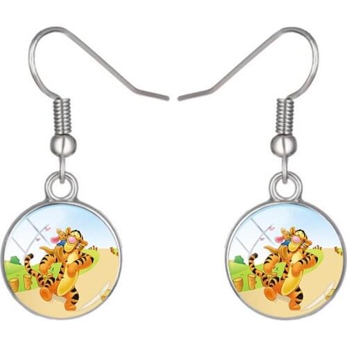 Disney Cartoon Tigger Piglet Earrings Photo Fashion Earrings Round Glass Dome Earrings Tasteful Jewelry
