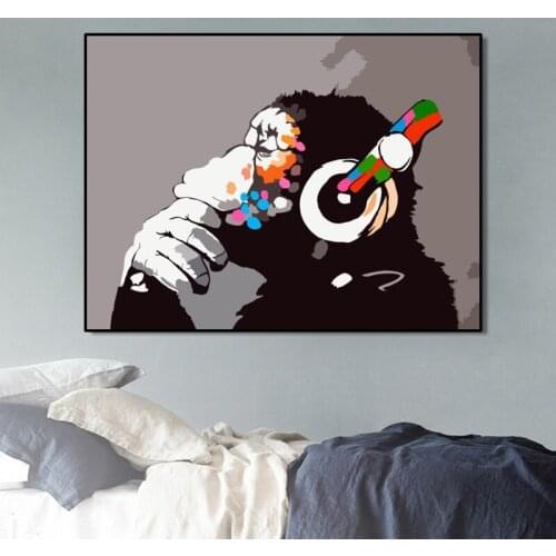 Wall Art Posters Animal Painting On Canvas Wall Pictures Abstract Monkey Listening to Music Pictures for Living Room Unframed