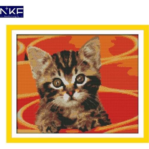 NKF Little Cat In Pot Cross Stitch Pattern Handmade Craft Needlework Embroidery Kit Animal Cross Stitching Set for Home Decor
