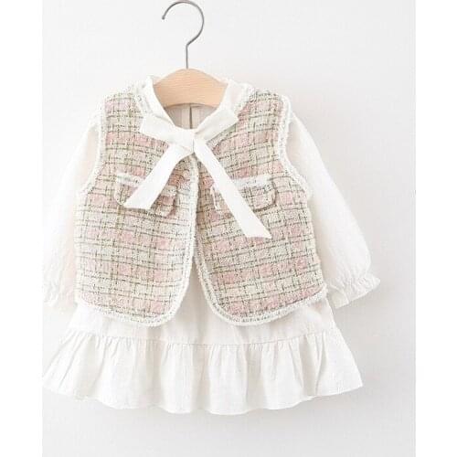 Newly Girls Spring/Autumn Bowknot Lace Dress Long Sleeve Plaid Pocket Vest Two-piece Suit