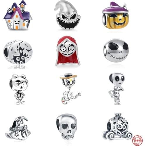 New 925 Sterling Silver European DIY Halloween Skull Exquisite Bead Pumpkin Witch Fits Original Pandora Charm Bracelet Jewelry