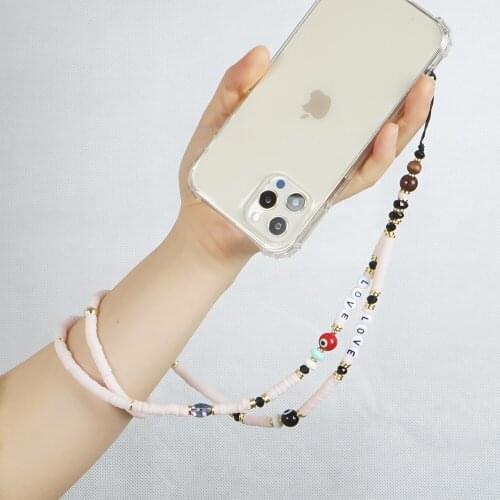 Necklace For Phone Charm Beaded Cell Phone Chains On Neck Evil Eye Mobile Strap Polymer Clay Lanyard 2021 Letter Jewelry