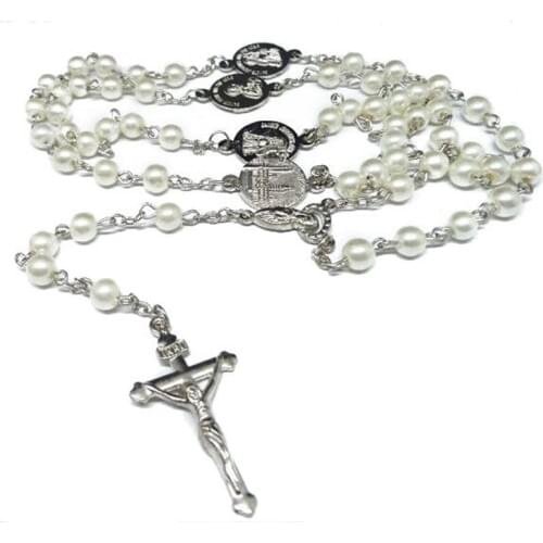 Catholic Rosary Necklace Small Size Round White Pearl Beads Virgin Mary Jesus Jewelry For Women