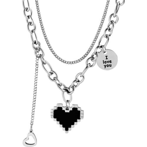316L Stainless Steel Fadeless Black Mosaics Hearts Pixel Double Necklace Web Celebrity Hip Hop Rock Clavicle Chain Loves