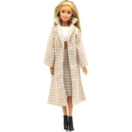 Brown Houndstooth Plaided Parka 11.5" Doll Outfits for Barbie Clothes Winter Jacket Coat Dress 1/6 BJD Accessories Kids DIY Toys