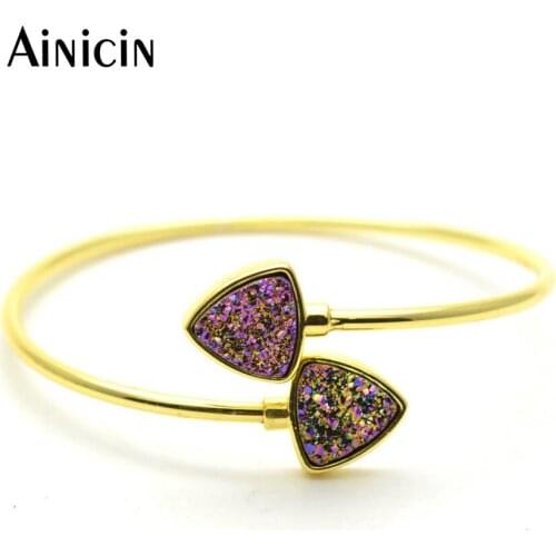 Natural Drusy Crystal Triangle Shape Open Bangles Gold Plating Bracelets Birthday Fashion Women Gift Jewelry