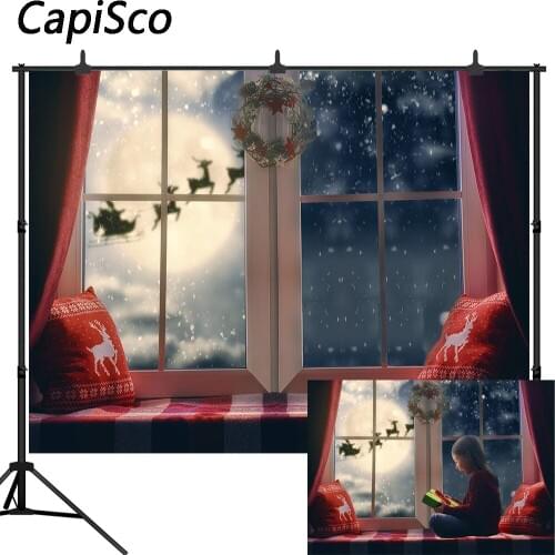 Capisco Christmas Backdrop Pillow Window Moon Reindeer Santa Garland Wreath Holiday Family Party Kids Photography Background