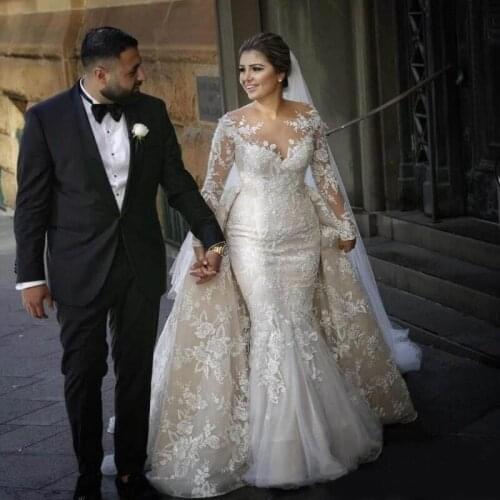 Chic Mermaid Lace Wedding Dresses With Detachable Train Sheer Jewel Neck Beaded Bridal Gowns Plus Size Trumpet robe de mariée
