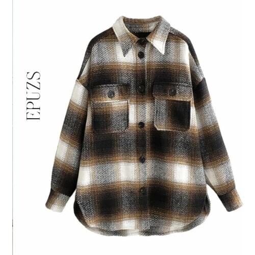 Vintage Oversized Plaid Jacket women coats and jackets Turn-Down Collar loose winter jacket korean outwear top