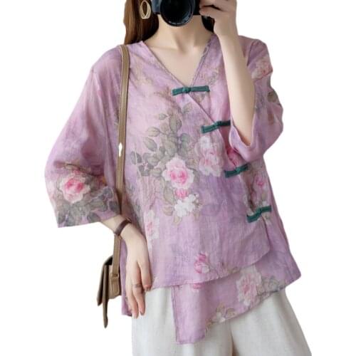 Women Blouse Chinese Flower Print Hanfu Clothes Oriental Clothing Summer New Vintage Plus Size V Neck Irregular Female Tops Z056