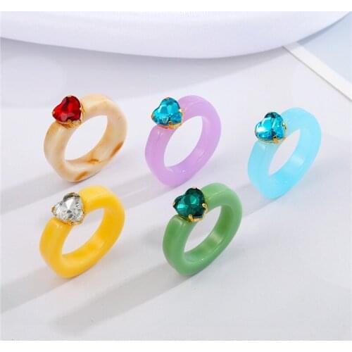 1pc Resin Zircon Colored Heart Ring For Women Gift Fashion Vintage Minimalist Blingbling Rhinestone Geometric Ring Jewelry R311