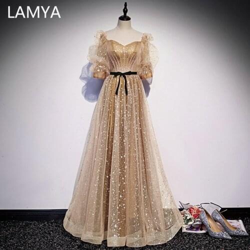 LAMYA 2021 Puff Sleeve Evening Party Dress Long A-line Star Prom Dresses Elegant Fromal Gown Sweetheart Robe De Soiree