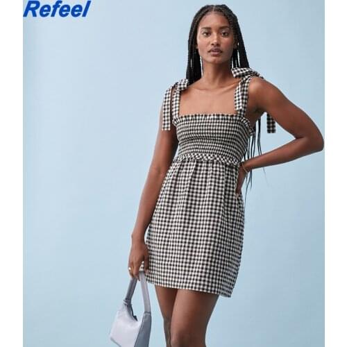 Chic White Black Tartan Print Mini Dress Retro Sexy Adjust Spaghetti Straps Vestidos Vintage Elastic Dress