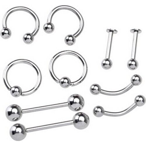 10pcs mix lots silver color 316l surgical steel body piercing jewelry tongue ring eyebrow lip ring horseshoe barbell belly ring