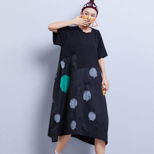2020 summer new 200 kg womens polka dot dress loose fat sister short sleeve splicing long dress loose 20210104
