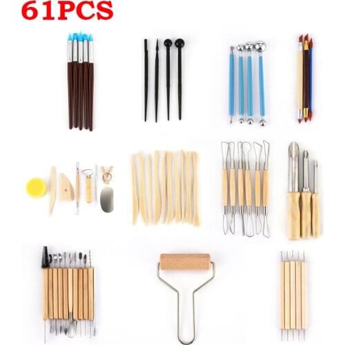61pcs/Set Ceramic Clay ToolsDIY Art Modeling Clay Wooden Pottery Sculpting Tools Crafts Polymer Carving Tools Cleaning Tool Kit