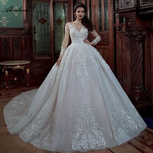 Alonlivn Luxury Shinny Appliques Ball Gown Wedding Dress Full Sleeve Lace beading Wedding Dress Lace Up
