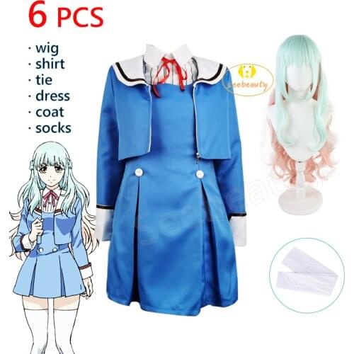 Anime High Rise Invasion Kuon Shinzaki Cosplay Costume Blue Dress Long Curly Wig School Girl Uniform Party Suit Halloween Dress