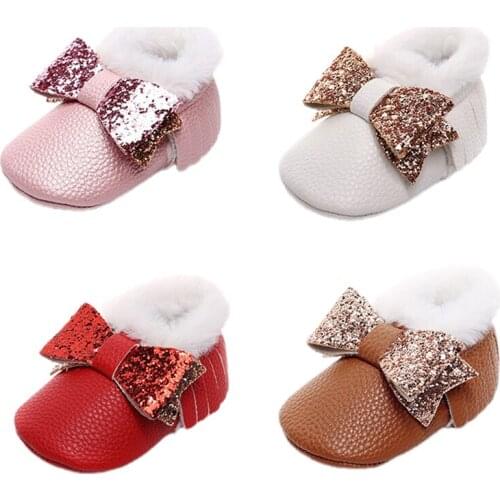 Wallarenear Girls Shiny Bow winter Baby Shoes Plush Tassel Warm Booties Girls boys Boots Fur Velvet for Babies Winter Shoes